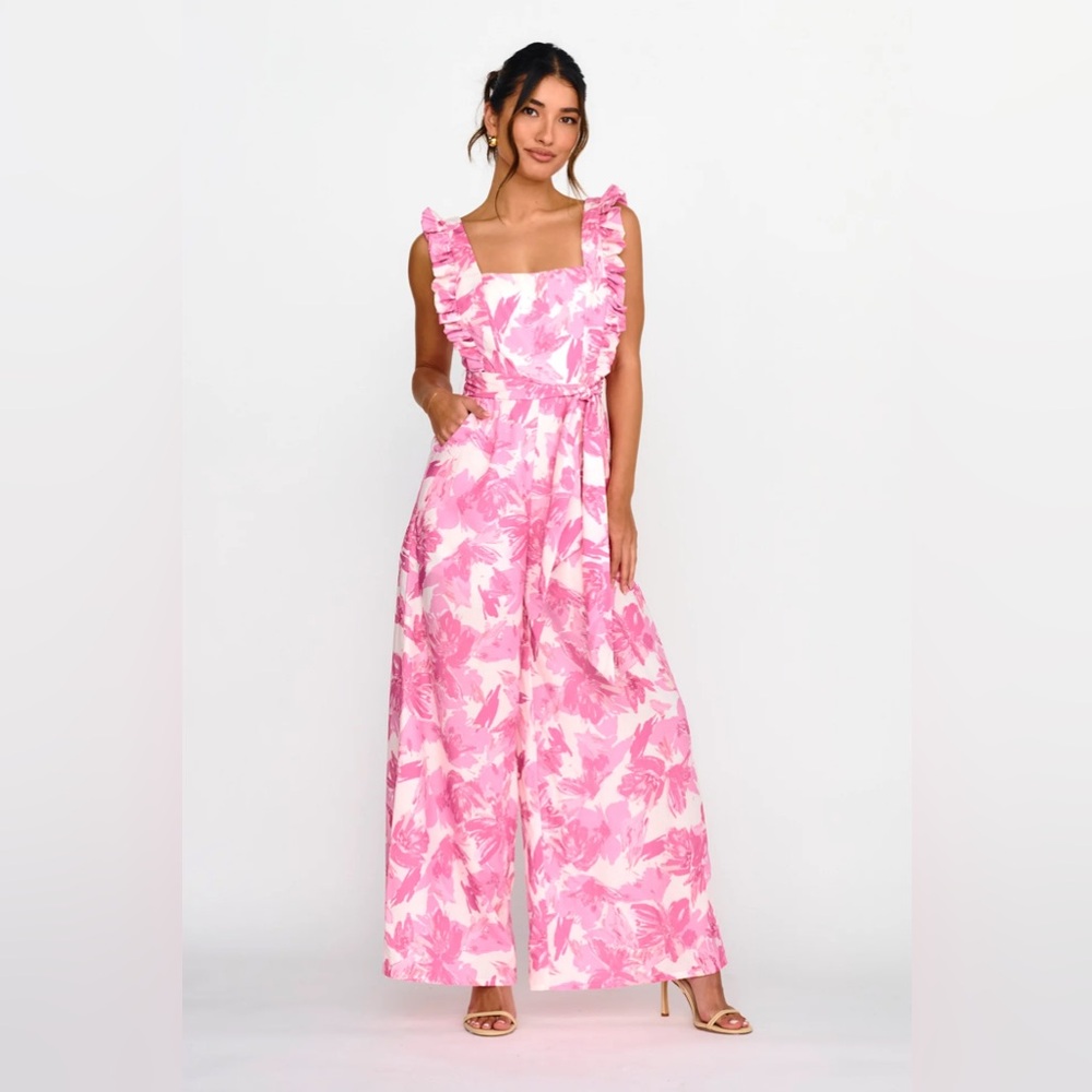 All For Love Square Neckline Ruffle Strap Jumpsuit Floral Pink